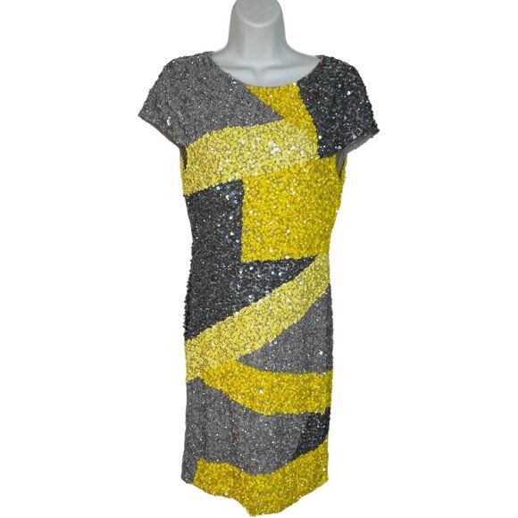 Alice + Olivia Taryn Colorblock Sequin Dress Mini Party Cocktail Yellow Gray 6 - Picture 6 of 16